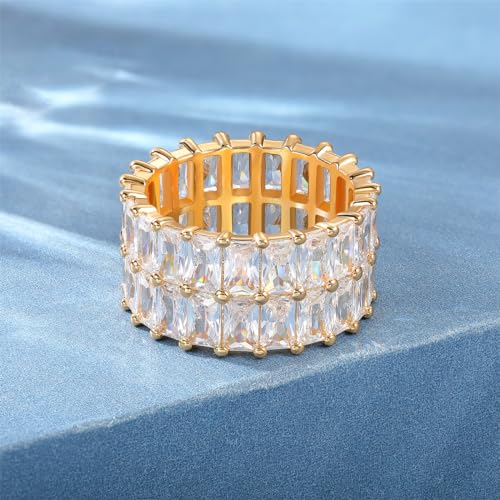 MDFUN 2 Rows Baguette Ring Eternity Bands Emerald Cut Cubic Zirconia Ring 18K White Gold/Yellow Gold Plated CZ Wedding Rings for Women Size 5-104