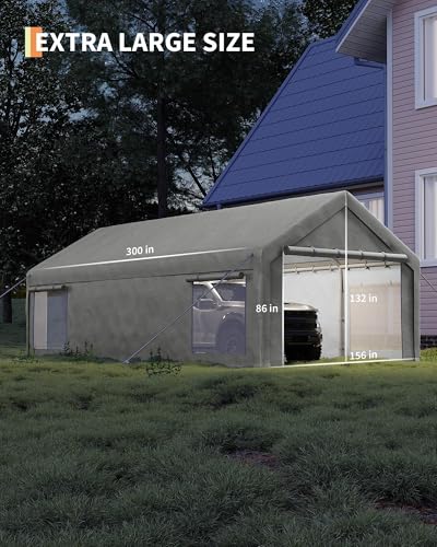 Image of 13x25 FT Carport,Heavy-Duty Carport with 4 Roll-Up Windows & Doors, Portable Garage 200g PE Tarp, Waterproof & UV Protected Outdoor Shelter for Car, Boat, Truck, Motorcycle