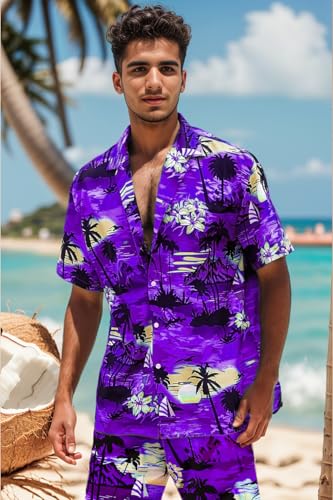 Image of Cromoncent Boy and Men Hawaiian Outfits Short Sleeve Shirts and Shorts Hawaiian Suits Beach Tropical 2 Pcs Vacation Sets