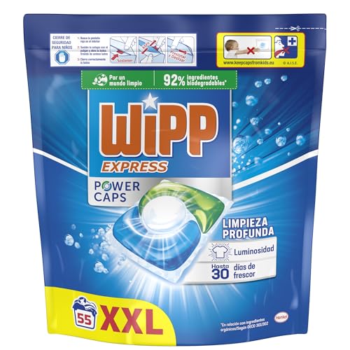 Wipp Express Power Caps Detergente en Cápsulas para Lavadora, 55 Dosis, Limpieza Profunda, Eficaz en Agua Fría