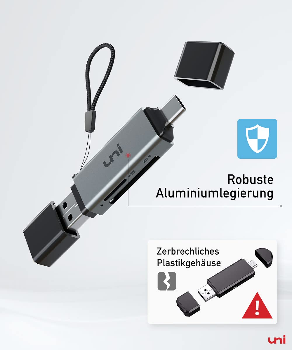 uni SD Kartenleser, Dual USB 3.0 USB C Stecker Kartenlesegerät, Aluminium OTG Adapter SD Card Reader Speicherkartenleser für SD/Micro SD/TF/SDHC/SDXC, iPhone 15-16/Android/Windows/macOS usw.