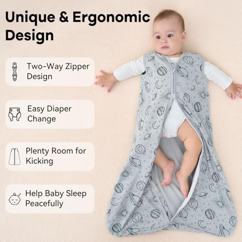 Image of Baby Sleep Sack 12-18 Months 3 Pack 100% Cotton Lightweight 0.5 TOG Wearable Blanket Baby Sleep Bag with 2-Way Zipper for Newborn Infant White Gray Blue Space