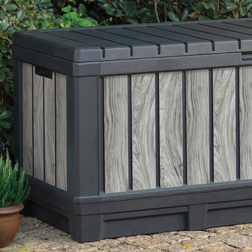 Koll Living Gartenbox Kentwood 350 Liter Stauraum in Holzoptik Stormgrey | Aufbewahrungsbox mit Sitzfunktion für Sitzauflagen, Gartengeräte oder Kinderspielzeug | wasserdicht & gut belüftet