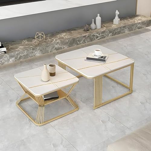 Image of Square Side Table Set of Stackable Tea or Coffee Tables with Marble Tops for Apartments, Bedrooms, and Living Rooms White Gold