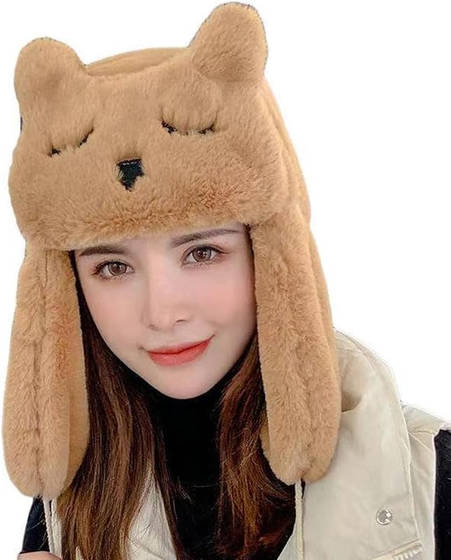 Women Soft Knitted Faux Fur Earmuff Winter Warm Woolen Hat Cute Animal Theme Fluffy Plush Ear Protection Warmer Snow Cap for Girls-picture-15