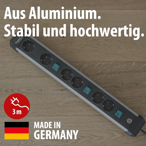 Brennenstuhl Premium-Alu-Line Steckdosenleiste 6-Fach/Steckerleiste aus hochwertigem Aluminium (Mehrfachsteckdose mit 3X 2-Fach schaltbare Steckdosen,3m Kabel, Made in Germany)