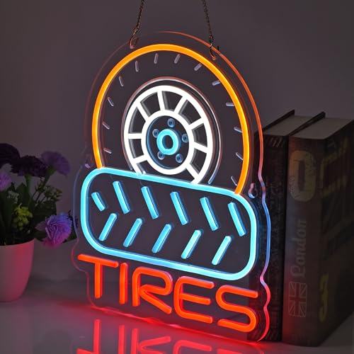 Image of Tires Neon Sign,USB Powered Dimmable Wall Decor LED Light | Neon Lights Hanging Wall Art Decor for tire Shop Auto Supplies Car Service Repair Garage Workshop,Ultra Bright, 15.35*12.6in