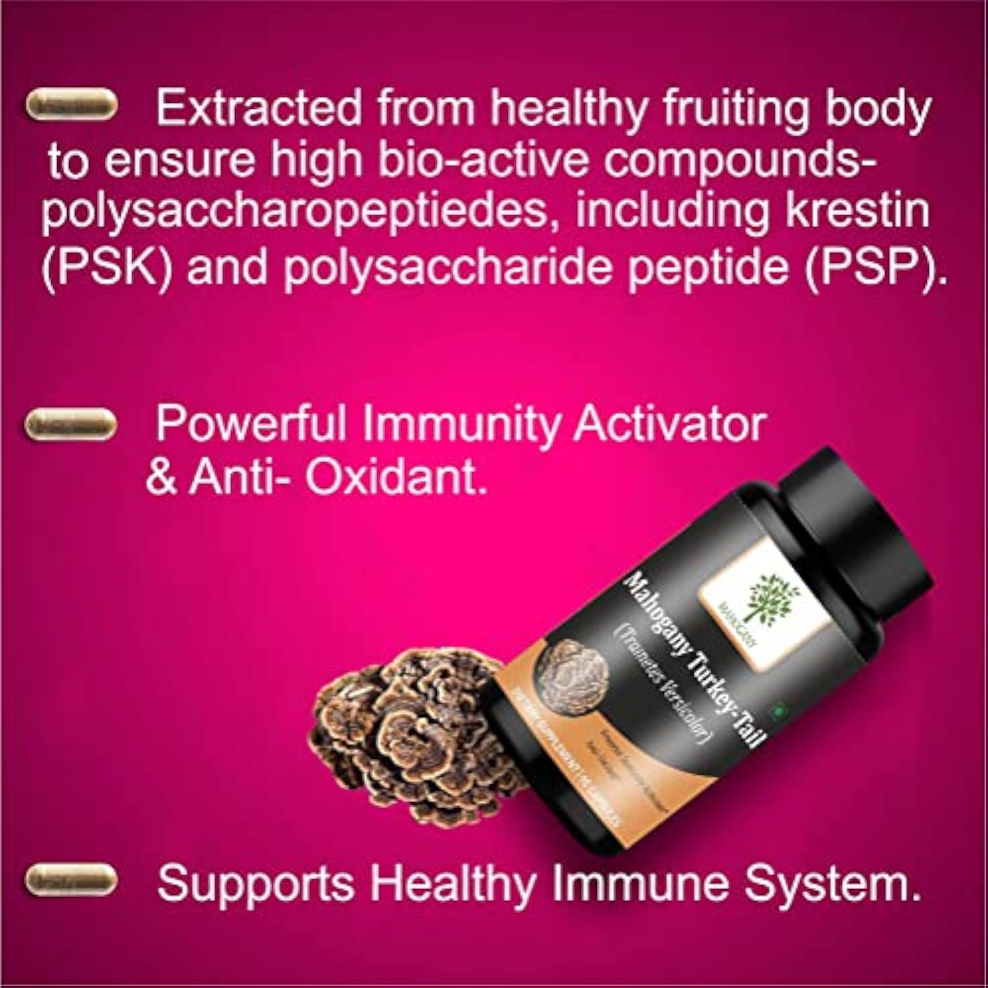 Mahogany Turkey Tail Mushroom Extract Capsules, 500 mg