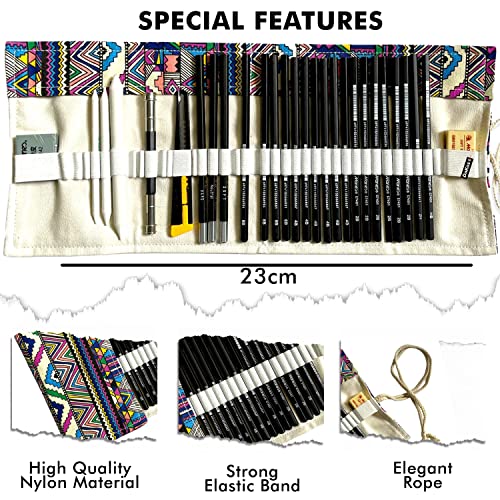 Image of DaKos 29 Pieces Professional Sketching & Drawing Art Tool Kit with Graphite Pencils, Charcoal Pencils, Paper Erasable Pen, Craft Cutter-Light weight (with Colorful Printed Rolling Pouch)
