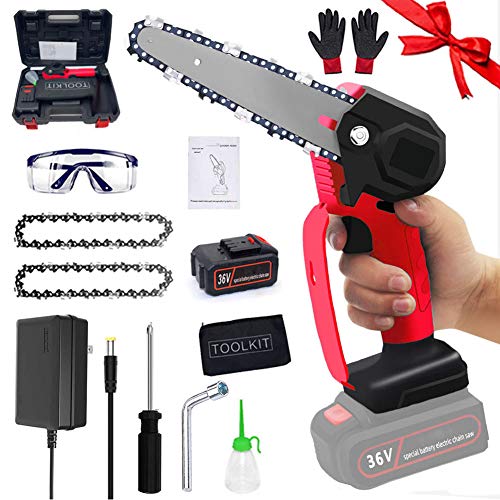 Mini motosierra de 135° que ahorra mano de obra Sierra de cadena eléctrica inalámbrica portátil de 6 pulgadas 36V con pilas se puede colgar en la pared para poda de árboles de jardín,1d2l red