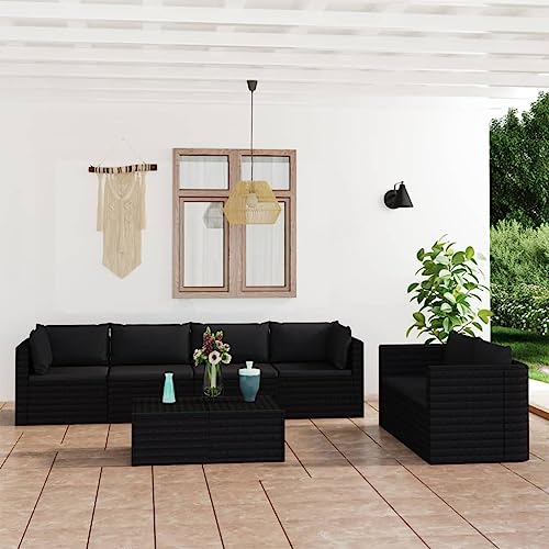 Woonisher 7-TLG. Garten-Lounge-Set mit Kissen Poly Rattan Schwarz...