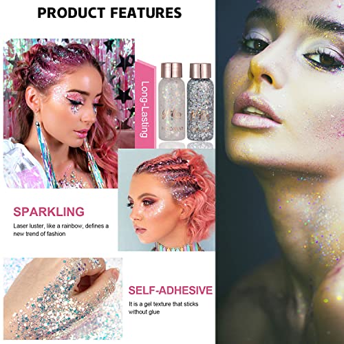 Face Glitter Gel, 3 Jars Holographic Chunky Glitter Makeup For Body, Hair, Face, Nail, Eyeshadow, Long Lasting And Waterproof Mermaid Sequins Shimmer Liquid Glitter (Set C) #TOP3