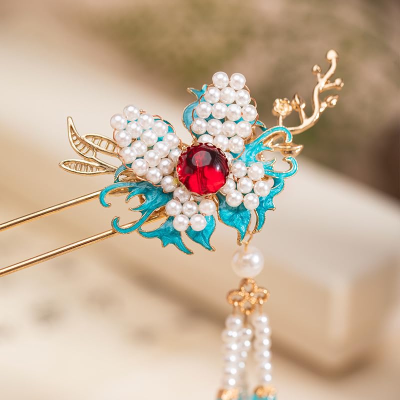 Pinza para cabello Burning Blue Branches con mariposa y borlas de perlas para Hanfu chino miniatura 5