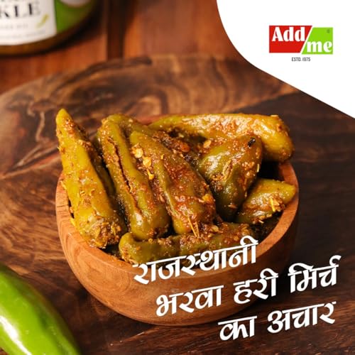 Image of Add me Rajasthani bharwa mirch Stuffed green Chilli Pickle 500gm Athana hari mirchi ka achar Pickles Glass Pack | Spicy & Tangy Homemade Achar (500g) All-Natural Ingredients.