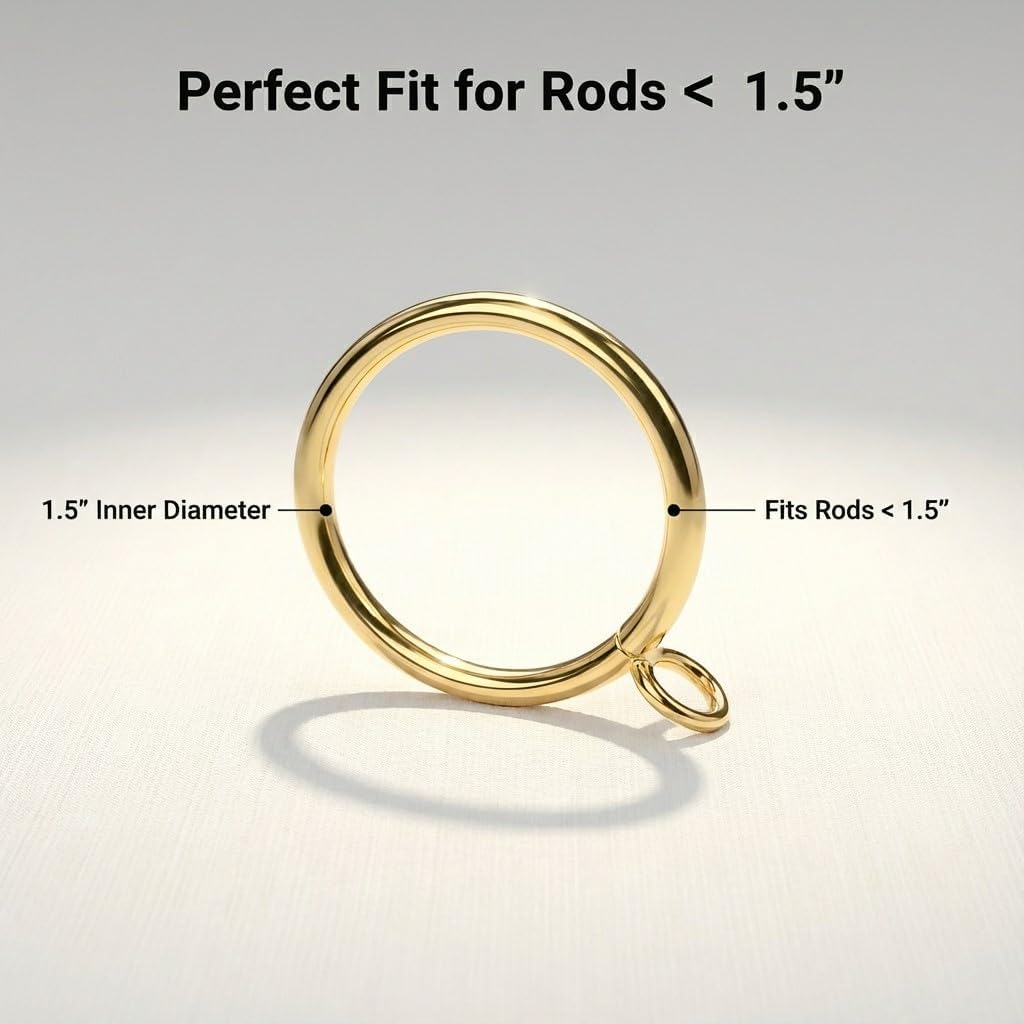 45 Pack Gold 1.5 Inch Curtain Rings - Heavy Duty Rustproof Iron Eyelets, Smooth Drapery Hardware for 1.2-1.4 Inch Rods, Fits Blackout/Sheer Curtains
