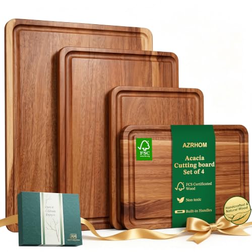 AZRHOM Large Solid Acacia Wooden Chopping Board Set of 4 for Kitchen