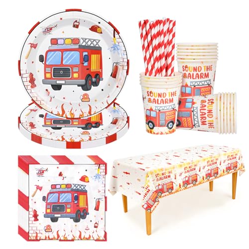 CIOXSOIO Set de Vaisselle Camion de Pompiers, 20 Assiettes en Carton, 20 Gobelets, 20 Serviettes, 20 Pailles et 1 Nappe, Vaisselle pour 20 Invités,...
