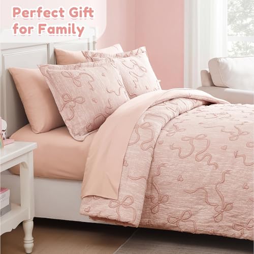 Image of Twin Girls Bedding Set - 5 Pieces Bow Comforter Set Jacquard Bed in a Bag
