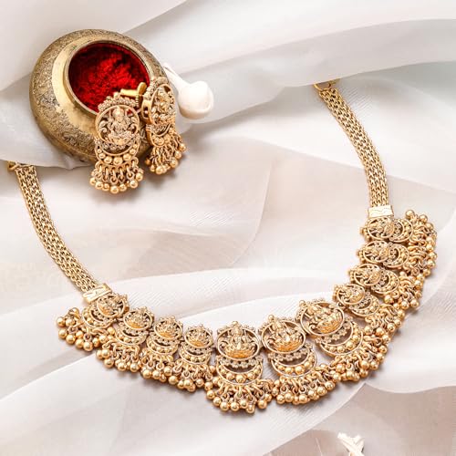 Image of Rubans Gold Plated Temple Necklace Set Traditional Statement Jewellery Gift for Women & Girls