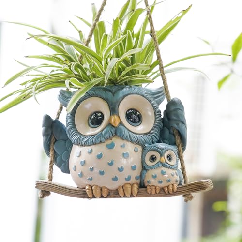 Swing Owl Hanging Planters for Indoor Plants, Cute Small Succulent Pots with Drainage Hole, Unique Resin Plant Hangers Outdoor, Hanging Plant Holder for String Of Pearls, Gift Ideas for Mother