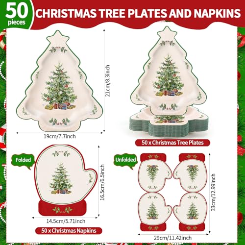 Maxdot 100 Pcs Christmas Plates and Napkins Disposable Christmas Tree Paper Plates Glove Napkins Xmas Dessert Dinner Platter Dinnerware Set for Xmas Winter Holiday Party Decorations Supplies Serves 50 – Image 3