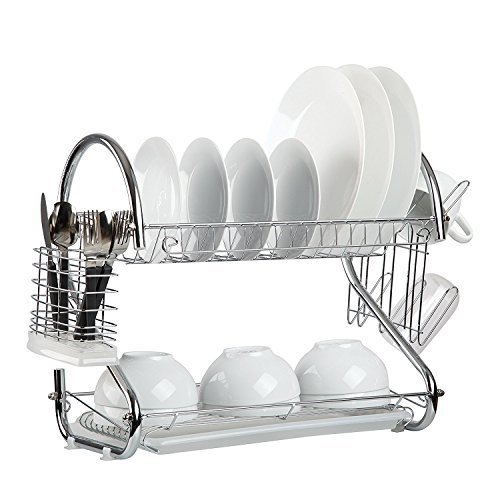 Dish Drying Rack, 2-Tier Dish Rack with Cup Plate Holder and Drainboard, Kitchen Supplies Dish Drainer Rack for Quick Drying Utensil and Plate