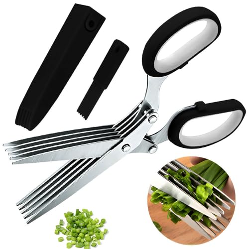 Rukinovi Kitchen Herb Scissors,Multipurpose Food Scissors,5 Stainless Steel Blades and Safety Cover Kitchen Scissorsfor Chopping Chive,Vegetables,Salad,Collard Greens,Parsleyherb Shears (B-black)