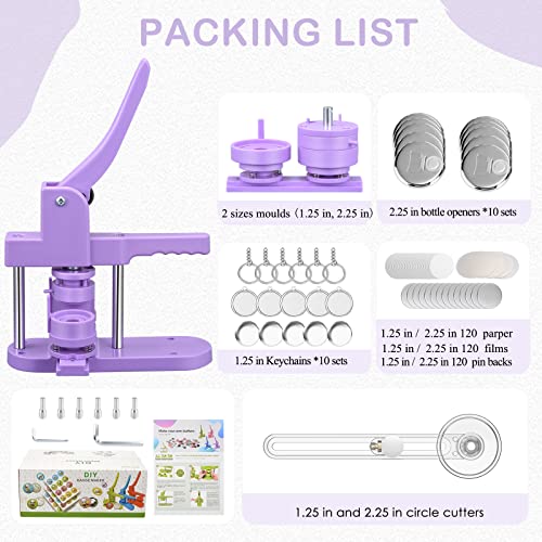 Nantfun Button Maker Machine Multiple Sizes, Pin Maker Machine 1.25+2.25 Inch, Button Badge Press Machine With 220 Sets Button Making Supplies, Bottle Openers And Keychains (Purple) #TOP5