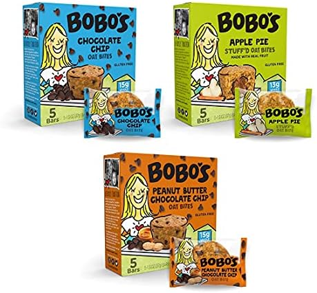 Bobo's Oat Bites Stuff’d Variety Pack, (Chocolate Chip, Peanut Butter Chocolate Chip and Apple Pie) Pack of 15 (1.3 oz Bites) 5 of each, Gluten Free Whole Grain Rolled Oats