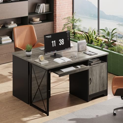 Image of Bestier 47-Inch Office Desk with Storage Cabinet & Keyboard Tray, Grey | 47 Inch Desktop, Right Storage Cabinet, Sliding Keyboard Tray And X-Frame Support Create A Small-Space Home Office Desk.