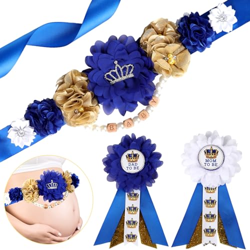 Cheerupp Prince Baby Shower Maternity Sash Kit - Royal and Gold Baby Shower Belly Belt and Mom to Be & Dad to Be Corsage Pins, New Parents Pregnancy...