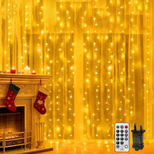 CORST 2MX2M Curtain Lights Plug in, 204LED Window Curtain Light Backdrop Indoor Fairy Lights for Room,Hanging Waterfall Light with Remote Timer,Linkable,Waterproof for Wall Gazebo(Warm White)