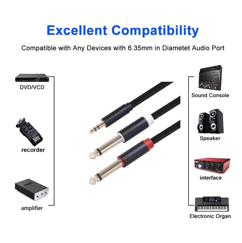 Cavo splitter stereo da 3,5 mm da TRS a doppio 6,35 mm 1/4 TS mono breakout, compatibile con iPhone, iPod, scheda audio del computer, lettore CD, altoparlanti multimediali, sistema stereo domestico