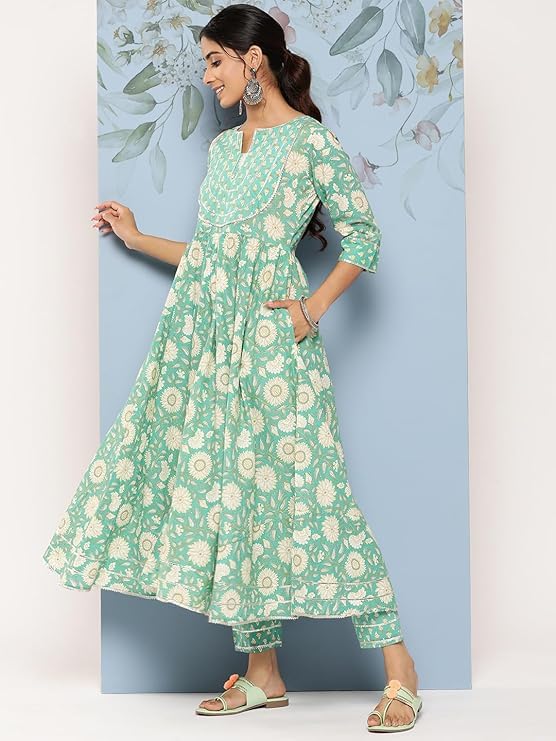 Image of Gerua By Libas Printed Cotton Anarkali Kurta with Trouser and Dupatta | Ethnic wear | Bridal Suit | Occasion wear