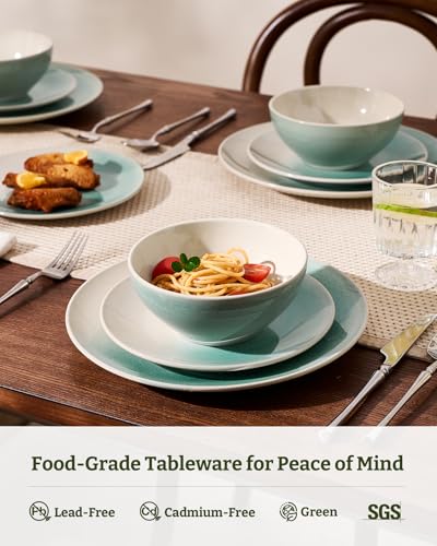 Image of Famiware Glacier Stoneware Dinnerware Sets, 12-Piece Plates and Bowls Set for 4, Reactive Glaze Dishes, Everyday & Formal Use, Dishwasher /Microwave Safe, Chip /Scratch Resistant, Two-Color Glazed, Aqua