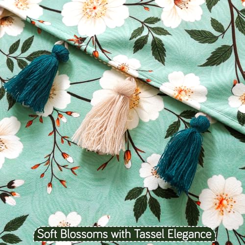 Image of HOKIPO Premium Sofa Armrest Cover (1 Pair) | Printed Holland Velvet with Tassels | 'Whispers of Nature' Sage Floral Vine (IN-1115-D8*2SM)