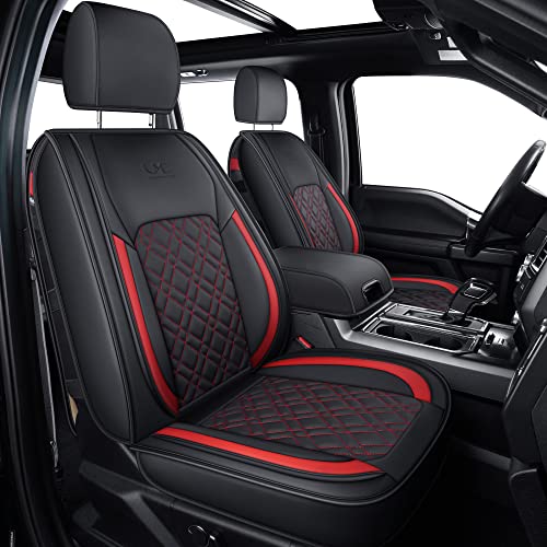 Image of LUCKYMAN CLUB F150 Front-only Seat Covers J03-Q3 with Waterproof Faux Leather, Fit 2015-2025 Ford F150 and 2017-2025 F250 F350 F450 (Front only, Black-Red)