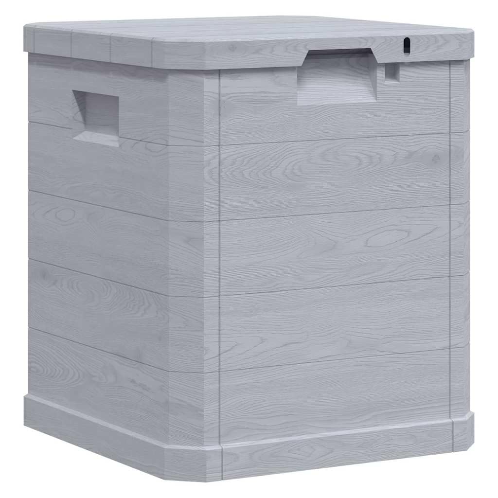 Caja de almacenamiento de jardín de 90 L, color gris claro, plástico con aspecto de madera, con tapa y función de asiento, resistente a la intemperie, con cierre, mucho espacio para cojines
