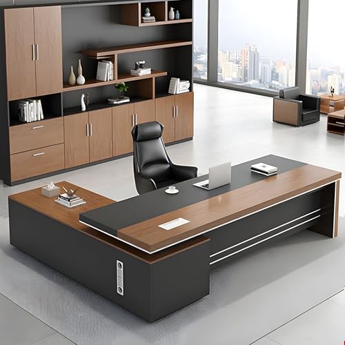 Image of Lakdi The Furniture Co Director & Executive L-Shape Office Table Luxury Desk Made in Particle Board with Side Unit, 3 Drawer Wire Manager & Cup Space - Brown 5-Year Warranty & Free Assembly-LDL-624