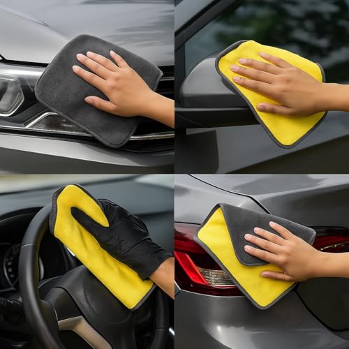 Image of 800 GSM Dual Sided Microfiber Towels 40x40cm | Extra Thick Double Layer Cleaning Cloth | Super Absorbent Lint Free Scratch Free for Car Bike Home Cleaning | Auto Detailing Cloth | Grey Yellow