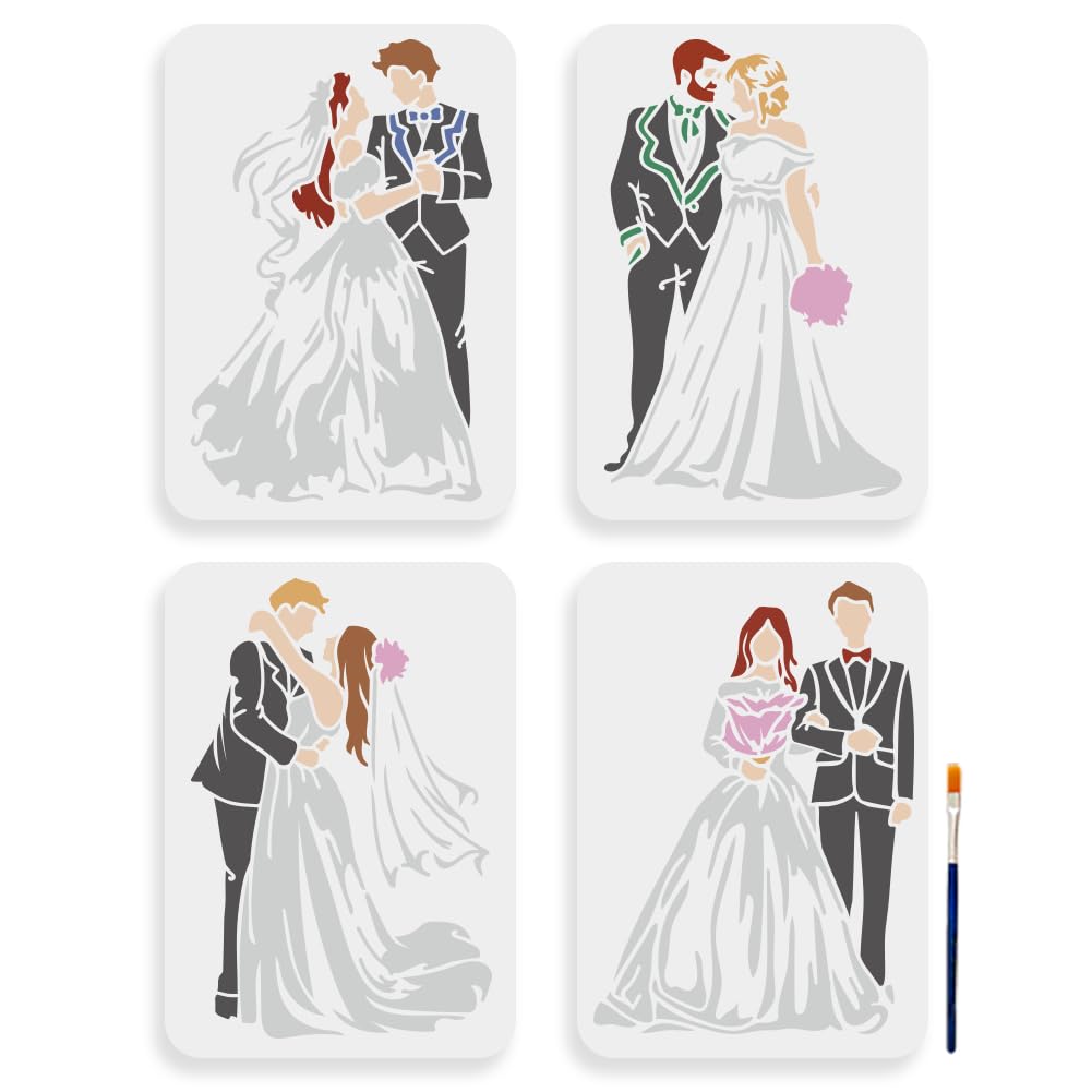MAYJOYDIY 4pcs Love Wedding Stencil 29.7×21cm Large Marriage Couple Stencils with Paint Brush Sweet Bride and Groom Family Drawing Template for DIY Craft Furniture Wood Canvas Paper