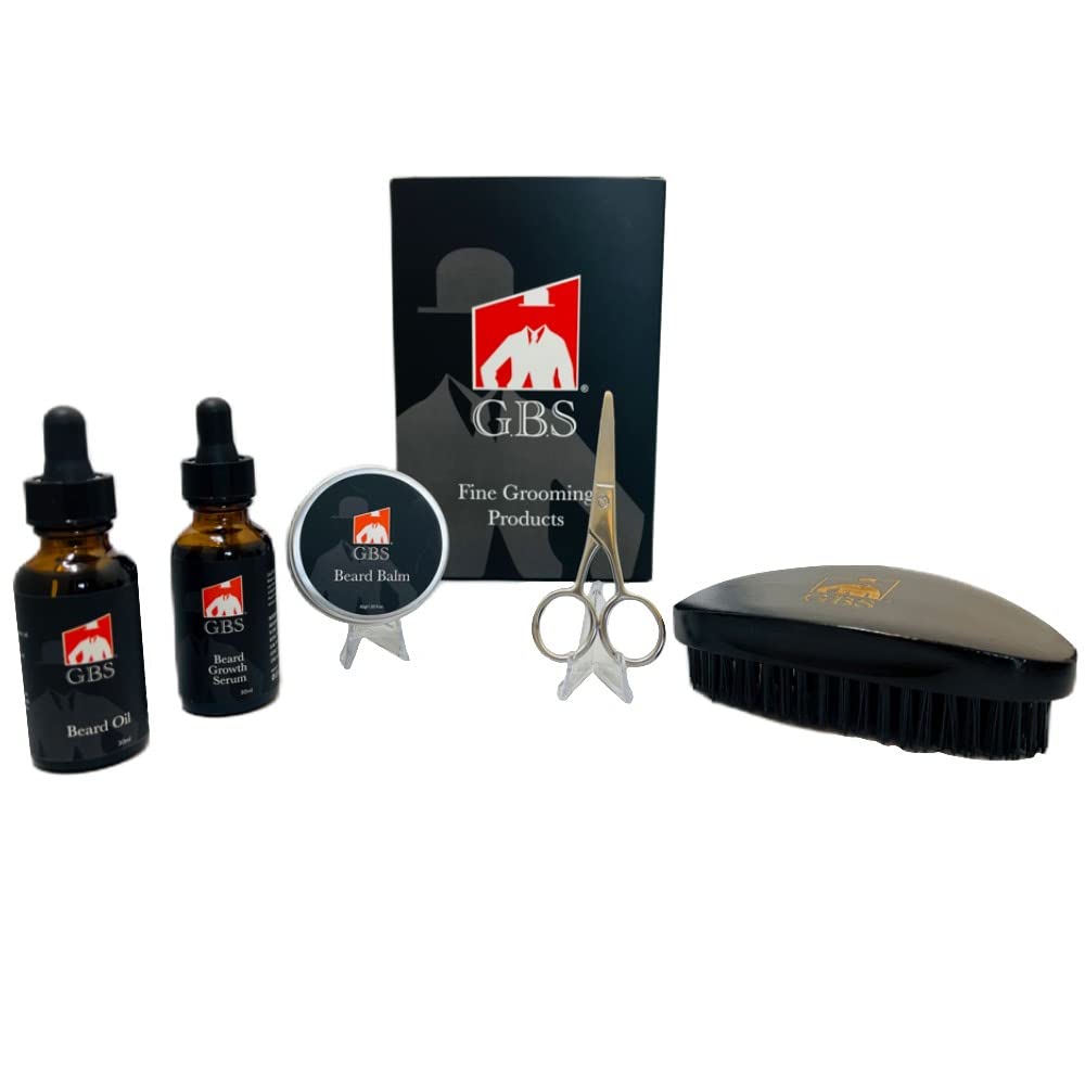 G.B.S Military Style Beard Brush - Conditioning Beard Oil With Jojoba, Beard Growth Serum with Biotin and Castor Seed Oil, Styling Beard Balm and Trimming Scissors