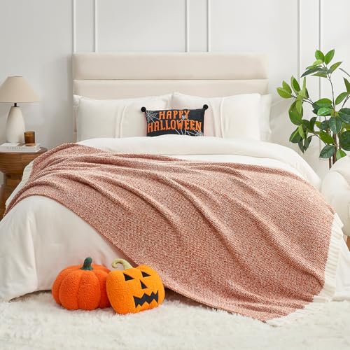 Image of Snuggle Sac Orange Fall Blanket Twin Size, Oversized Soft Warm Cozy Knit Bedding Blanket, Luxurious Microfiber Blankets for Bed, Orange, 60x80 inches