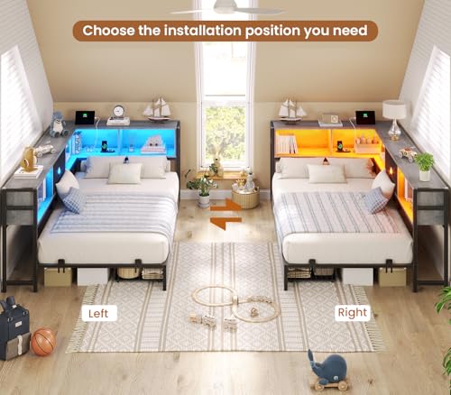 Hasuit Twin XL Corner Bed Frame with Storage Drawers and Bookcase Headboard, Heavy Duty Metal Platform Bed Frame with Charging Station & LED Lights, Twin XL Daybed for Kids Teens Guests,Oak Gray - image 6