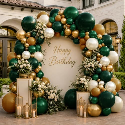 Image of Emerald Green Gold Balloon Dark Green Forest Hunter Brown White Sand | Pearl Balloon Garland Kit for Birthday Wedding Anniversary Baby Shower Graduation Party Decorations