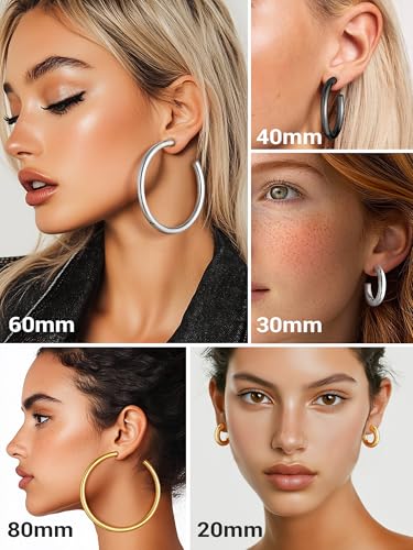 Image of Stainless Steel Chunky Hoop Earrings For Women, Minimalist and Chic, Black /Gold Plated, Round Hoops Earrings Hypoallergenic, Size: 30mm /40mm /60mm /80mm, Come with Box
