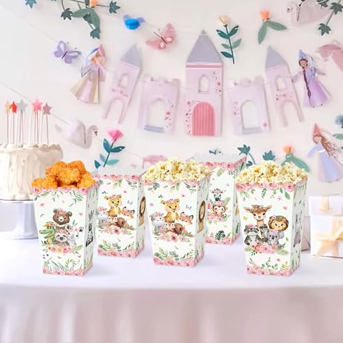 Image of JeVenis 12 PCS Pink Jungle Animal Popcorn Boxes Treat Bags Safari Animal Candy Goodie Bags for Wild One Safari Baby Shower Birthday Party Favors