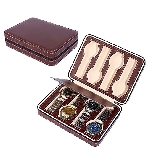 BOOVO PU Leather 8 Slot Watch Box Travel Portable Zipper Bag Men's Home Watch Storage Box (Brown)