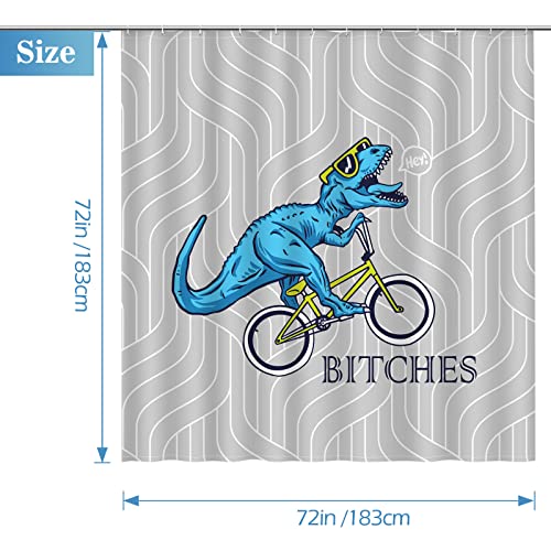 Image of Aimego Funny Shower Curtain Blue Dinosaur Ride A Bike Pattern Cute Dino Pattern Shower Curtain Set with 12 Hooks for Bathroom Decor Accessories Bathtub Curtain, 72 inchx72 inch