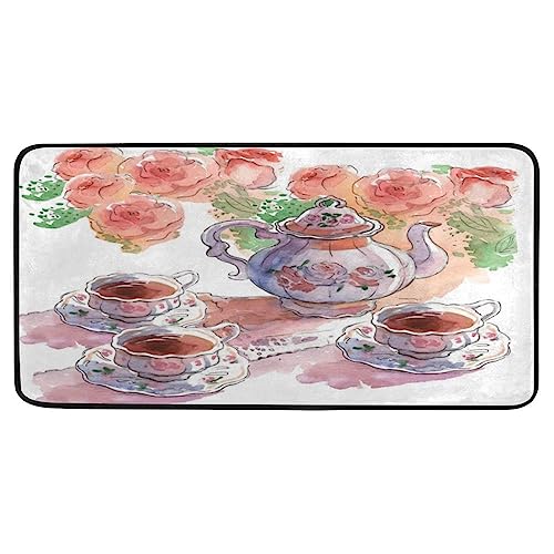 Hapuxt Long Kitchen Rugs Vintage Teapot Cups Roses Area Rug Floor Comfort Mats Non Slip Anti-Fatigue Absorbent Washable Polyester Mat for Laundary Farmhouse Kitchen 39x20 Inch